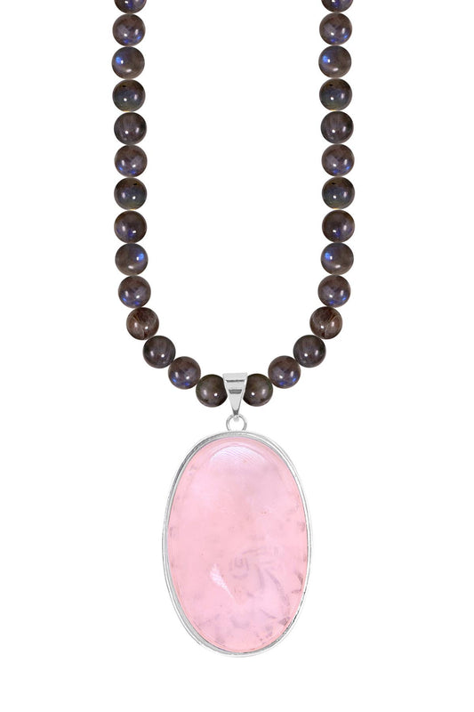 Labradorite Beads Necklace With Rose Quartz Pendant - SS