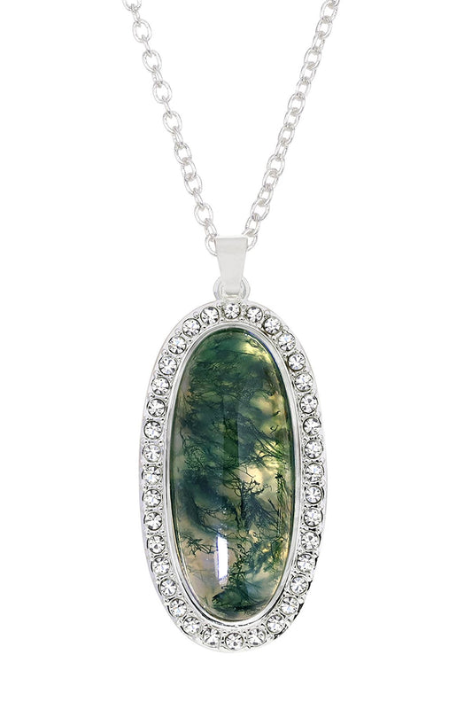 Sterling Silver & Moss Agate Halo Pendant Necklace - SS