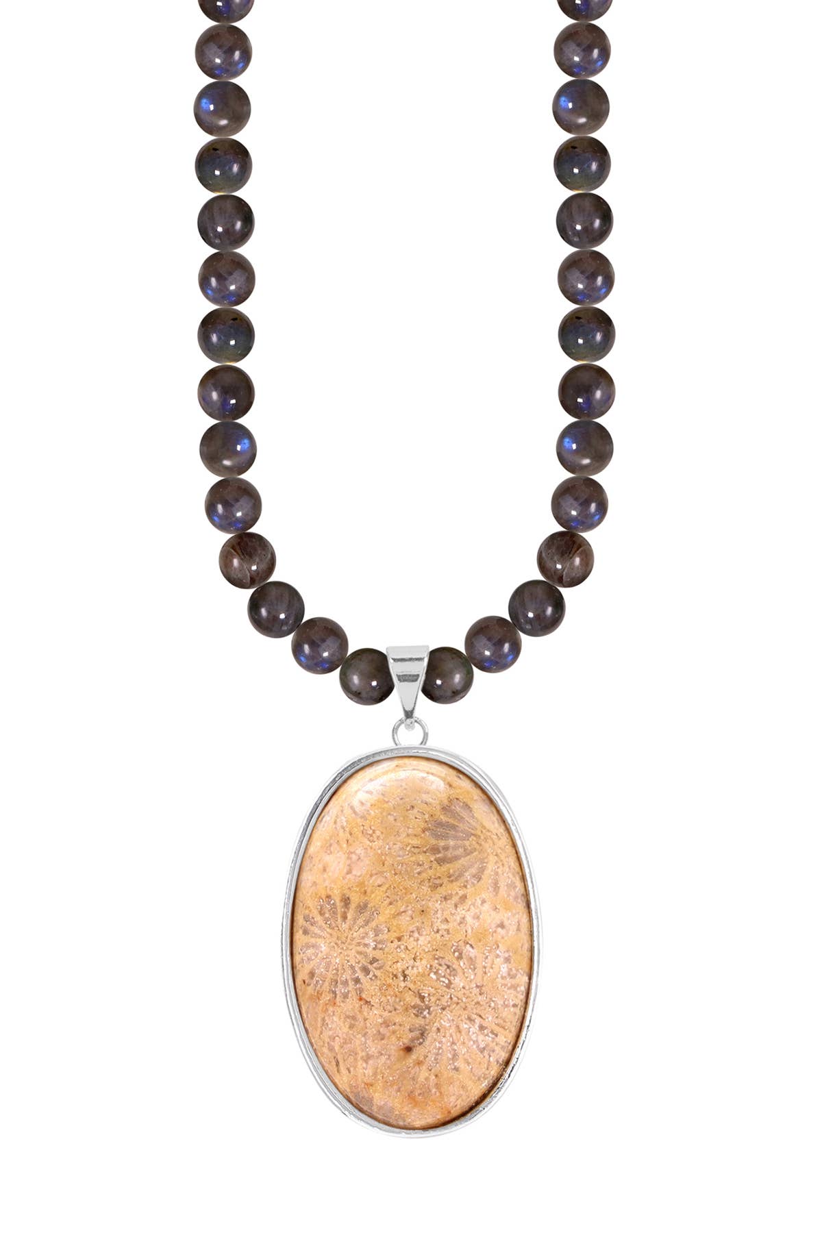 Labradorite Beads Necklace With Lily Fossil Pendant - SS