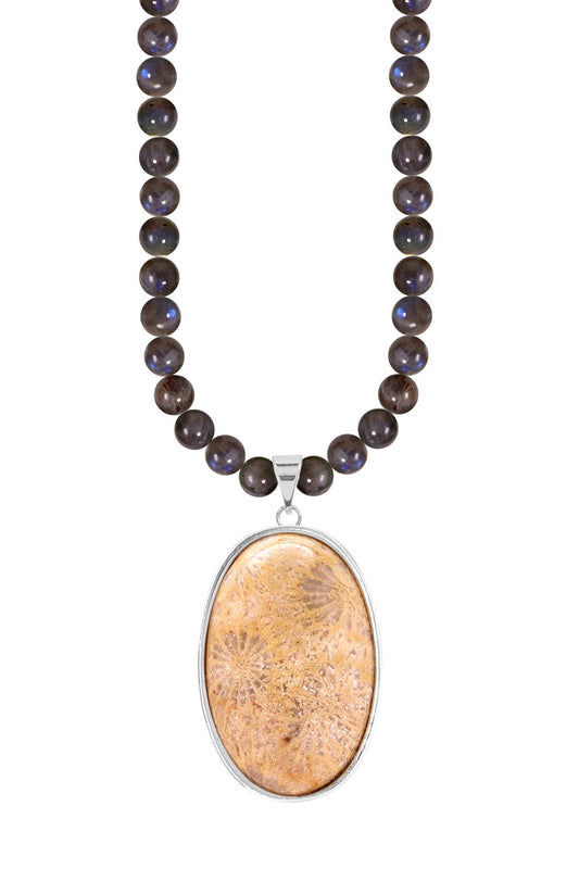 Labradorite Beads Necklace With Lily Fossil Pendant - SS