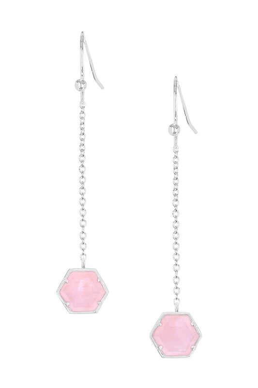 Sterling Silver & Rose Quartz Hexagon Drop Earrings - SS