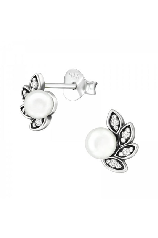 Sterling Silver Antique Ear Studs With CZ and Pearl - SS