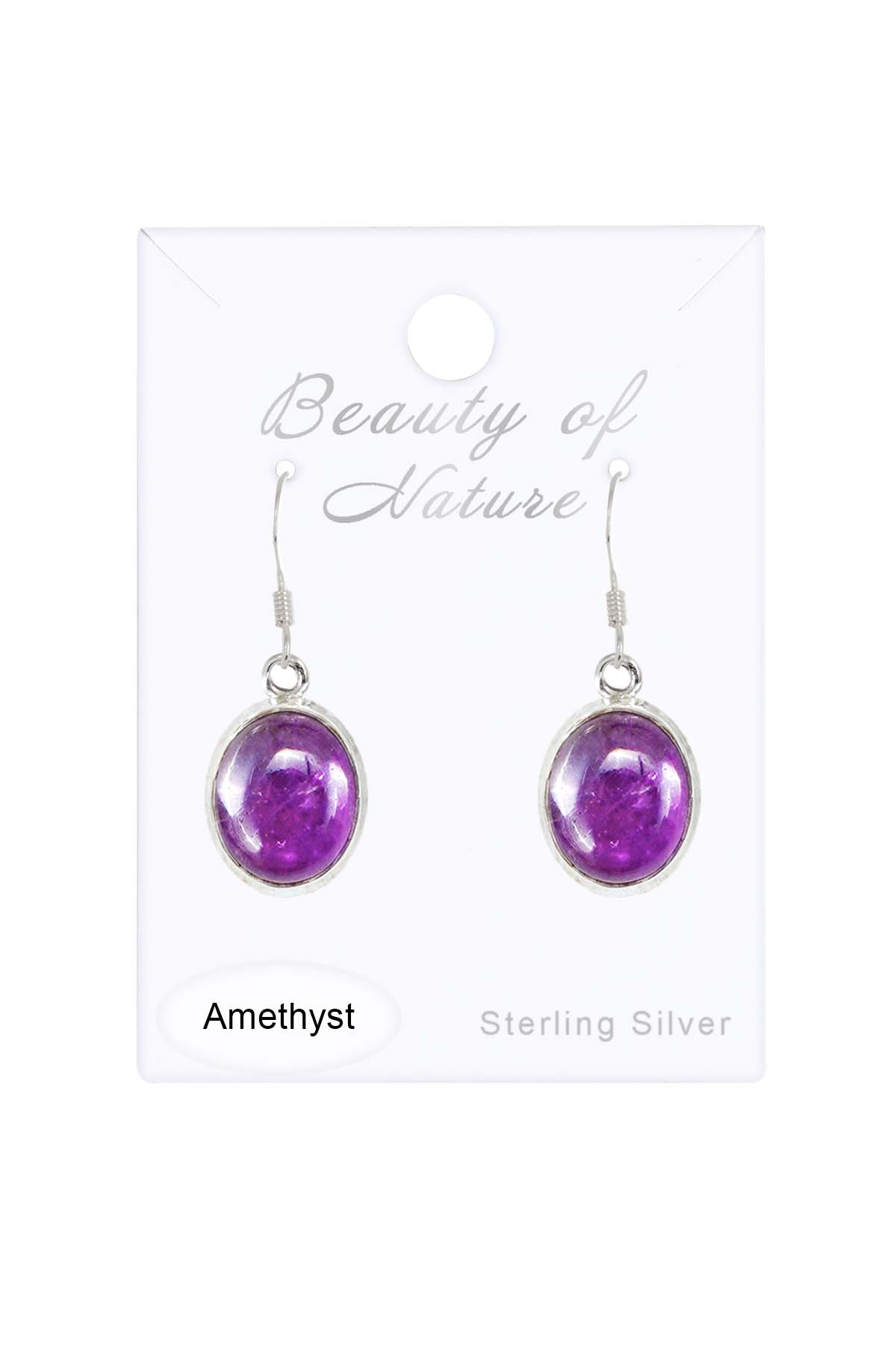 Sterling Silver & Amethyst Oval Drop Earrings - SS