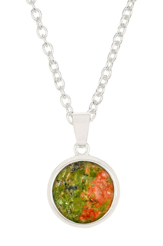 Sterling Silver & Unakite Round Pendant Necklace - SS