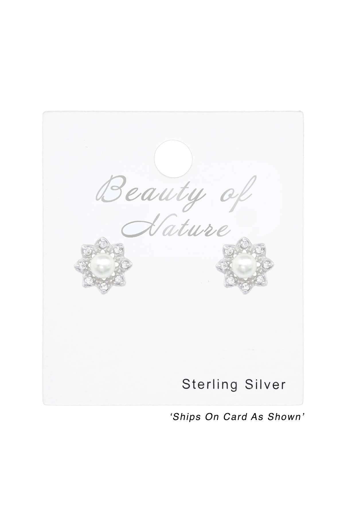 Sterling Silver Flower Ear Studs With CZ and Pearl - SS