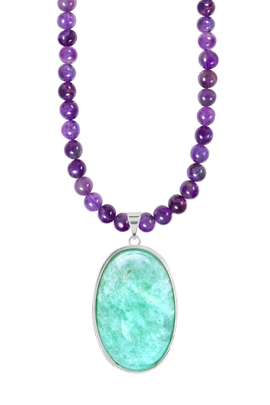 Amethyst Beads Necklace With Amazonite Pendant - SS