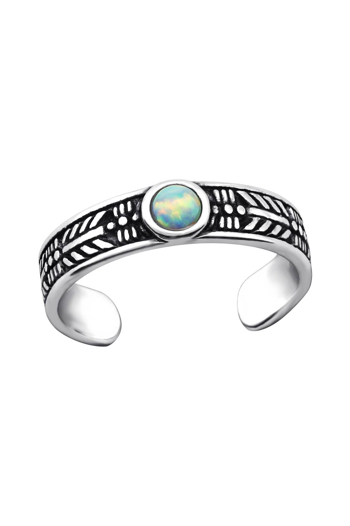 Sterling Silver Round Adjustable Toe Ring With Opal - SS