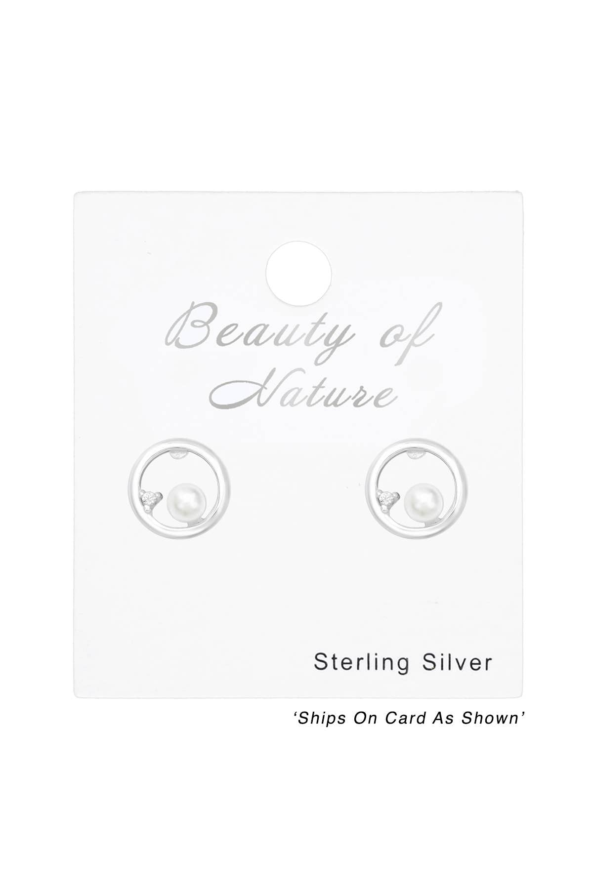 Sterling Silver Circle Ear Studs With CZ and Pearl - SS