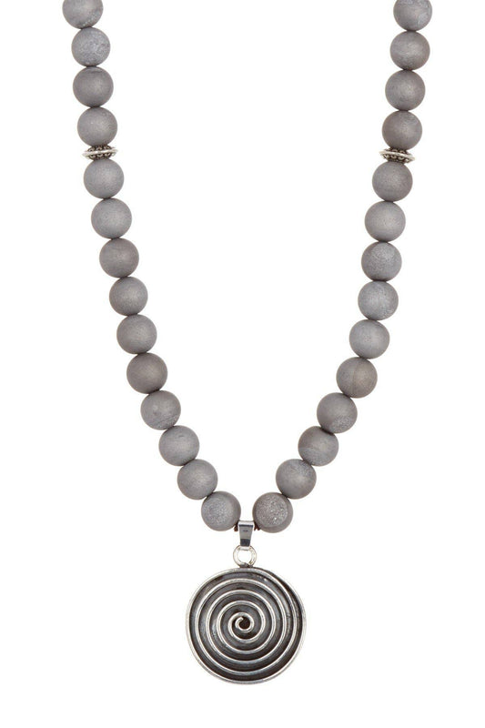 Sterling Silver & Hematite Druzy Mala Beads Necklace - SS