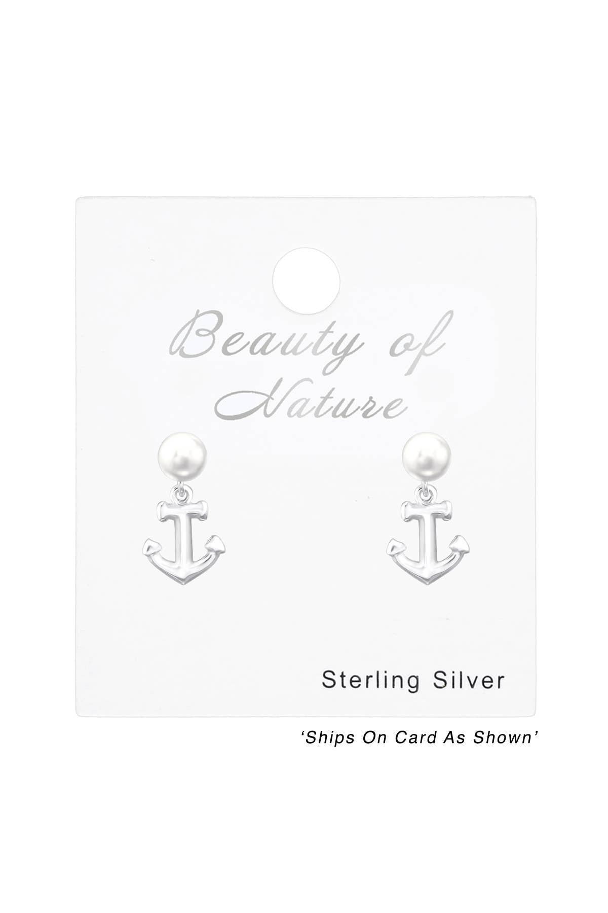 Sterling Silver Anchor Ear Studs With Synthetic Pearl - SS