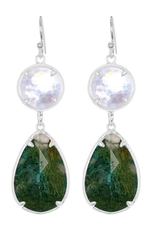 Sterling Silver & Moss Agate With Pearl Drop Earrings - SS
