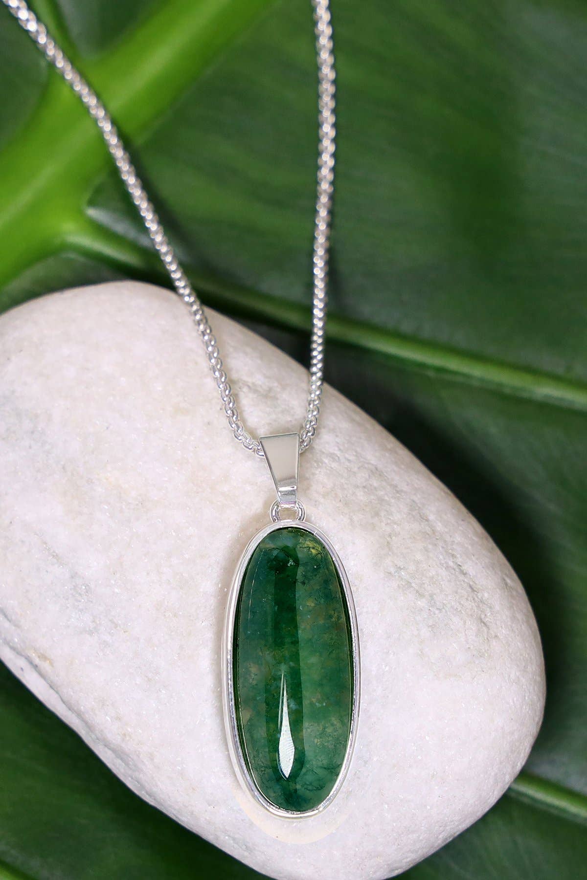 Sterling Silver & Moss Agate Oval Pendant Necklace - SS