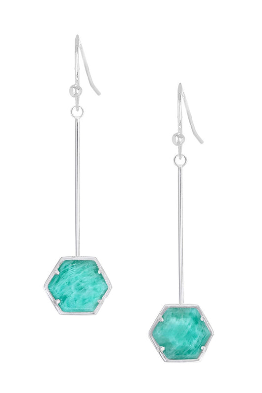 Sterling Silver & Amazonite Hexagon Dangle Earrings - SS