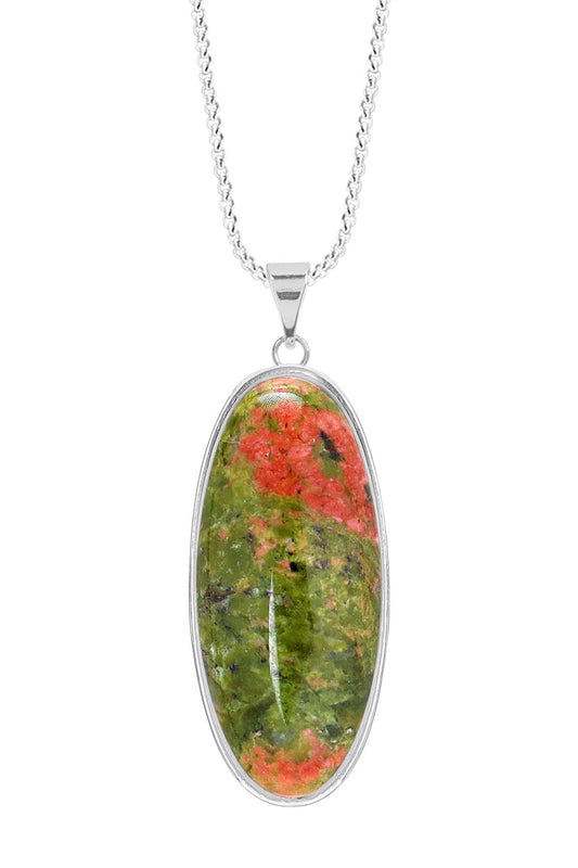 Sterling Silver & Unakite Oval Pendant Necklace - SS