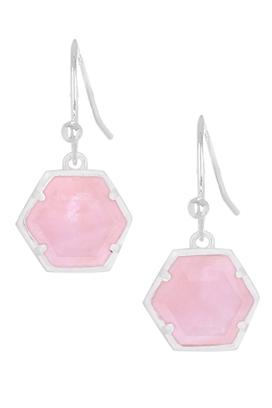 Sterling Silver & Rose Quartz Hexagon Drop Earrings - SS