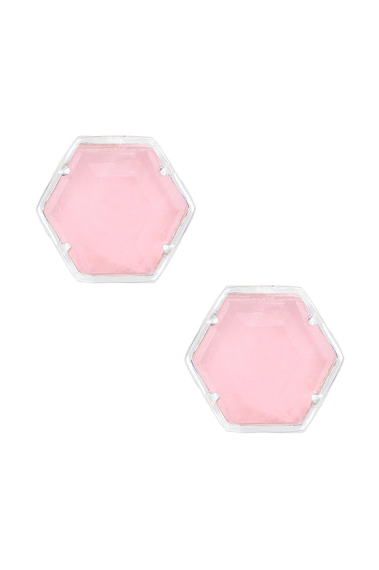 Sterling Silver & Rose Quartz Hexagon Post Earrings - SS