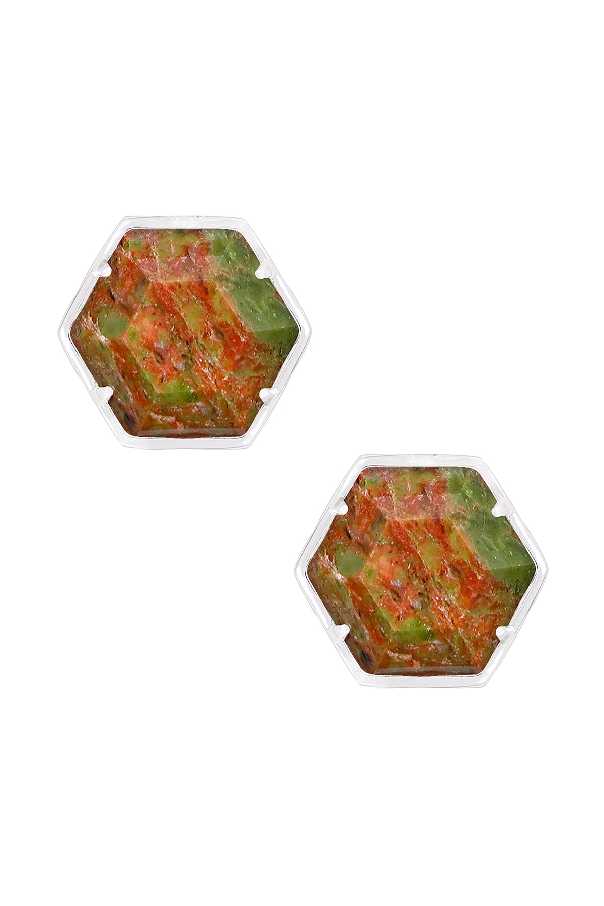 Sterling Silver & Unakite Hexagon Post Earrings - SS