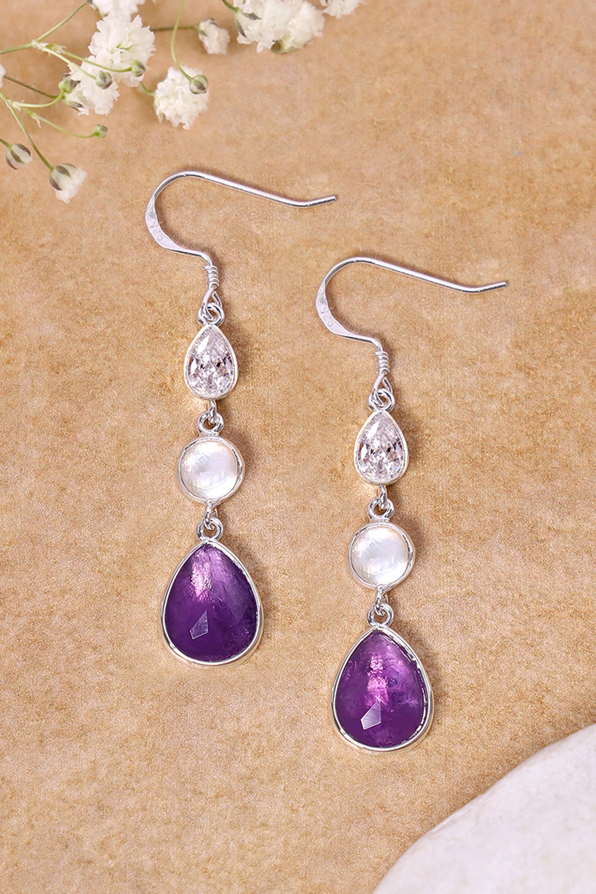 Sterling Silver & Amethyst Drop Earrings - SS