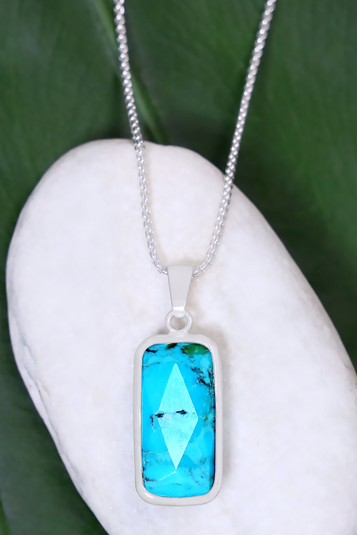 Sterling Silver & Turquoise Rectangle Pendant Necklace - SS