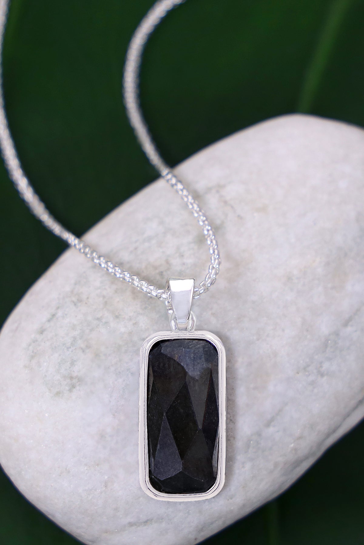 Sterling Silver & Hematite Rectangle Pendant Necklace - SS