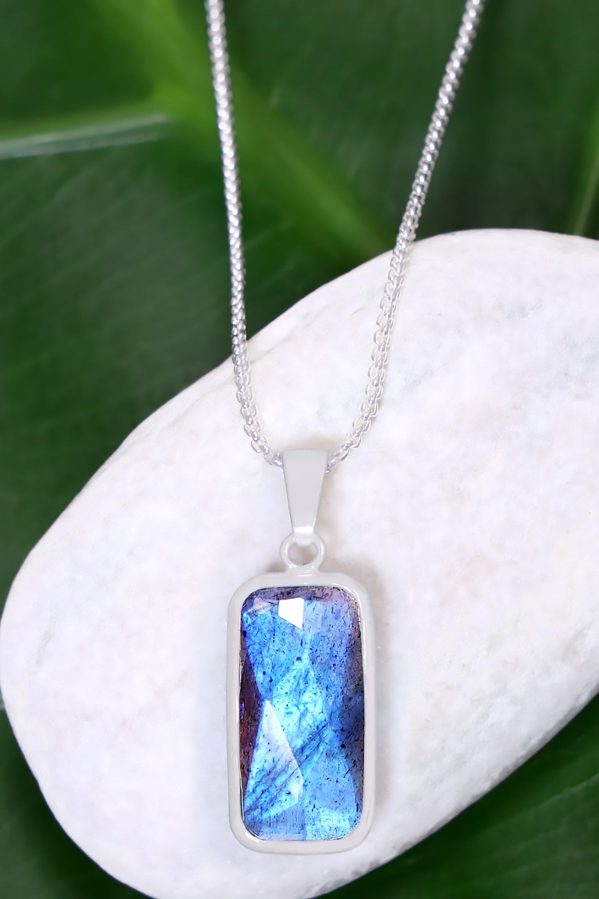 Sterling Silver & Labradorite Rectangle Pendant Necklace - SS