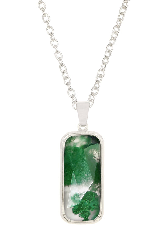 Sterling Silver & MoSS Agate Rectangle Pendant Necklace - SS