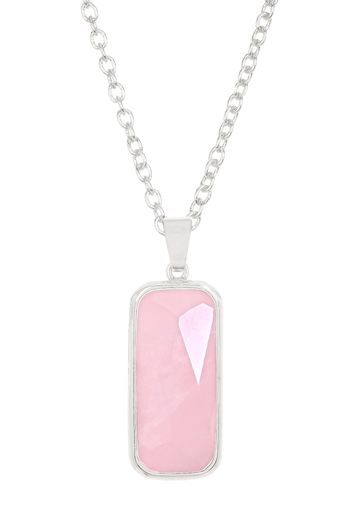 Sterling Silver & Rose Quartz Rectangle Pendant Necklace - SS