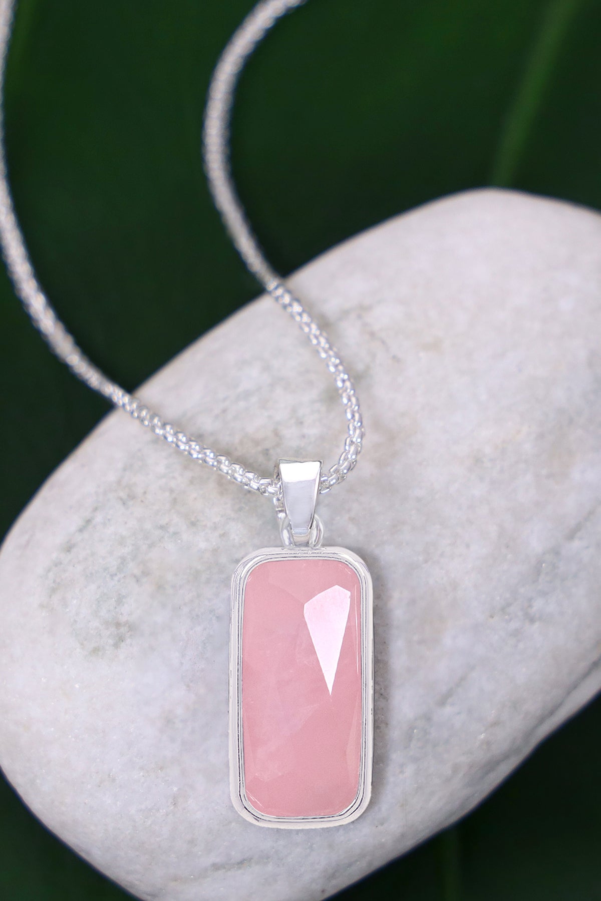 Sterling Silver & Rose Quartz Rectangle Pendant Necklace - SS