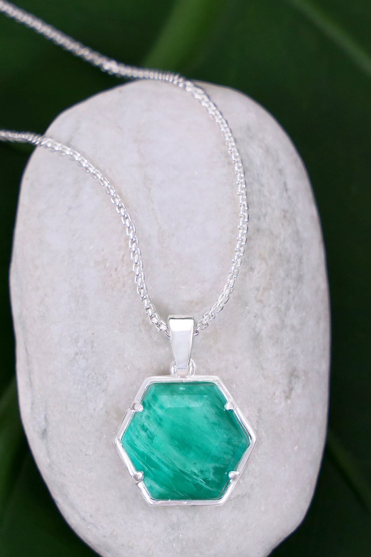 Sterling Silver & Amazonite Hexagon Pendant Necklace - SS