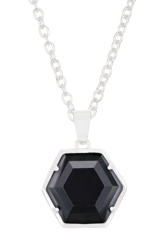 Sterling Silver & Hematite Hexagon Pendant Necklace - SS