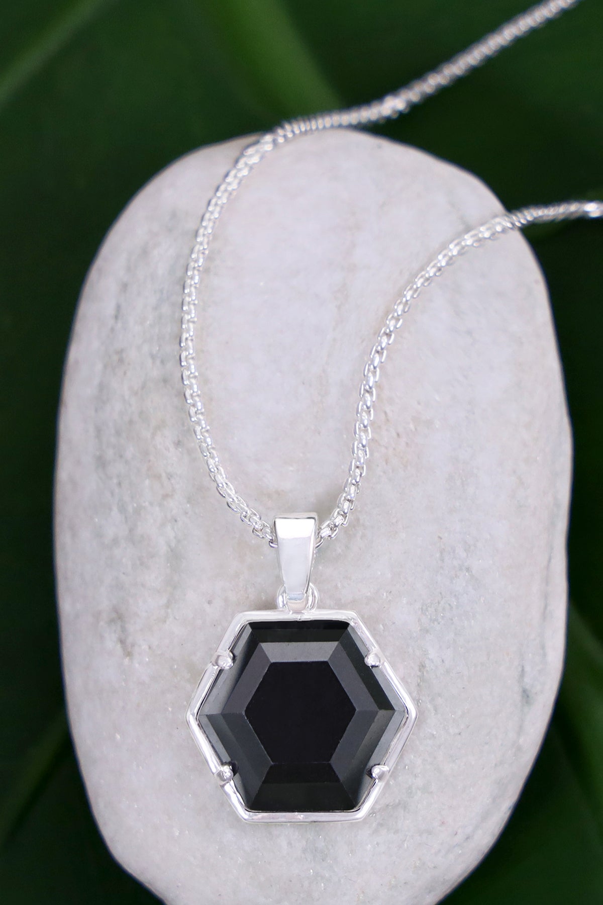 Sterling Silver & Hematite Hexagon Pendant Necklace - SS