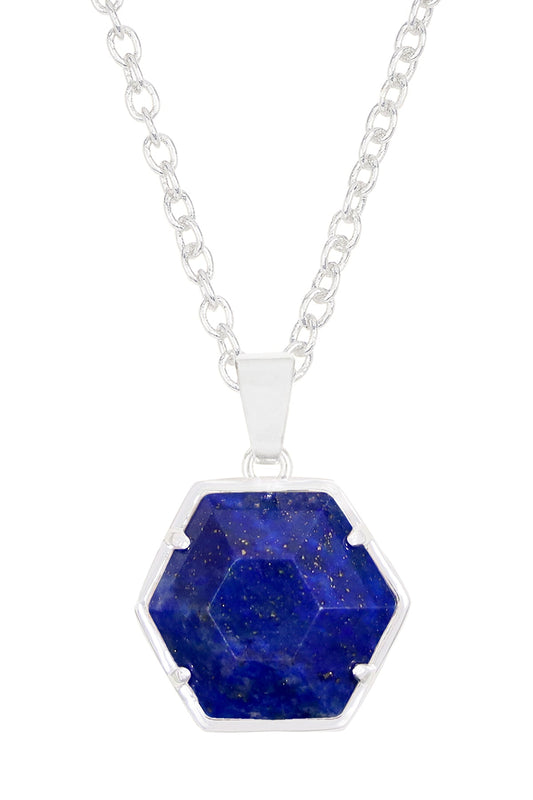 Sterling Silver & Lapis Hexagon Pendant Necklace - SS