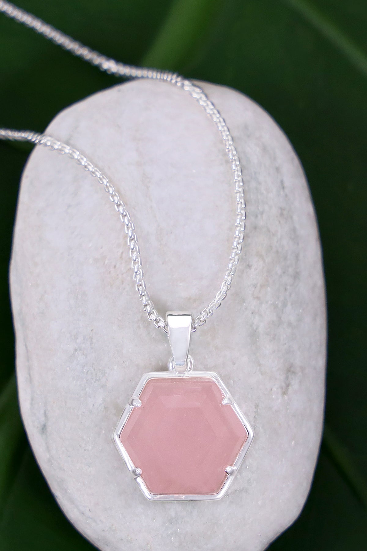 Sterling Silver & Rose Quartz Hexagon Necklace - SS