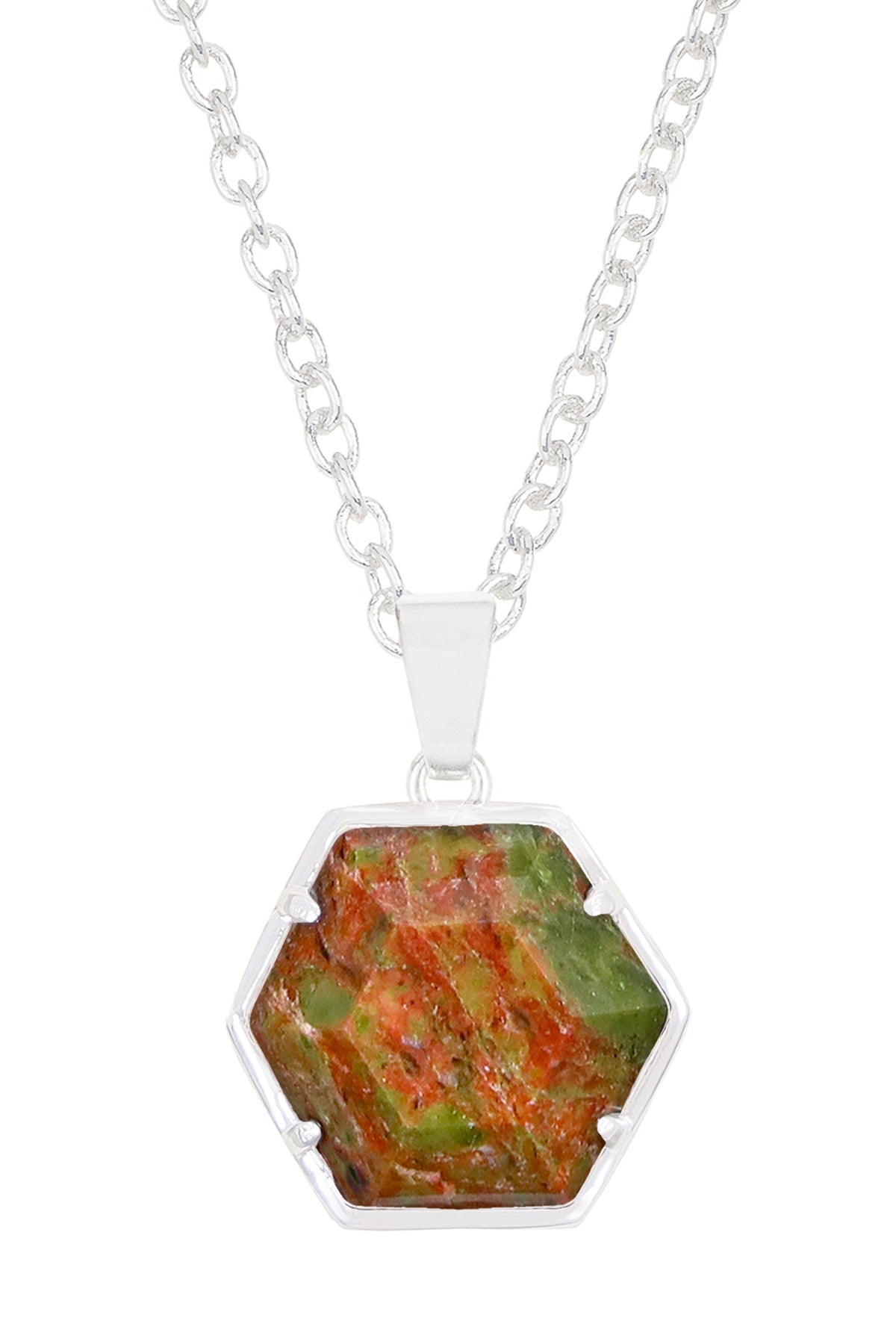 Sterling Silver & Unakite Hexagon Pendant Necklace - SS