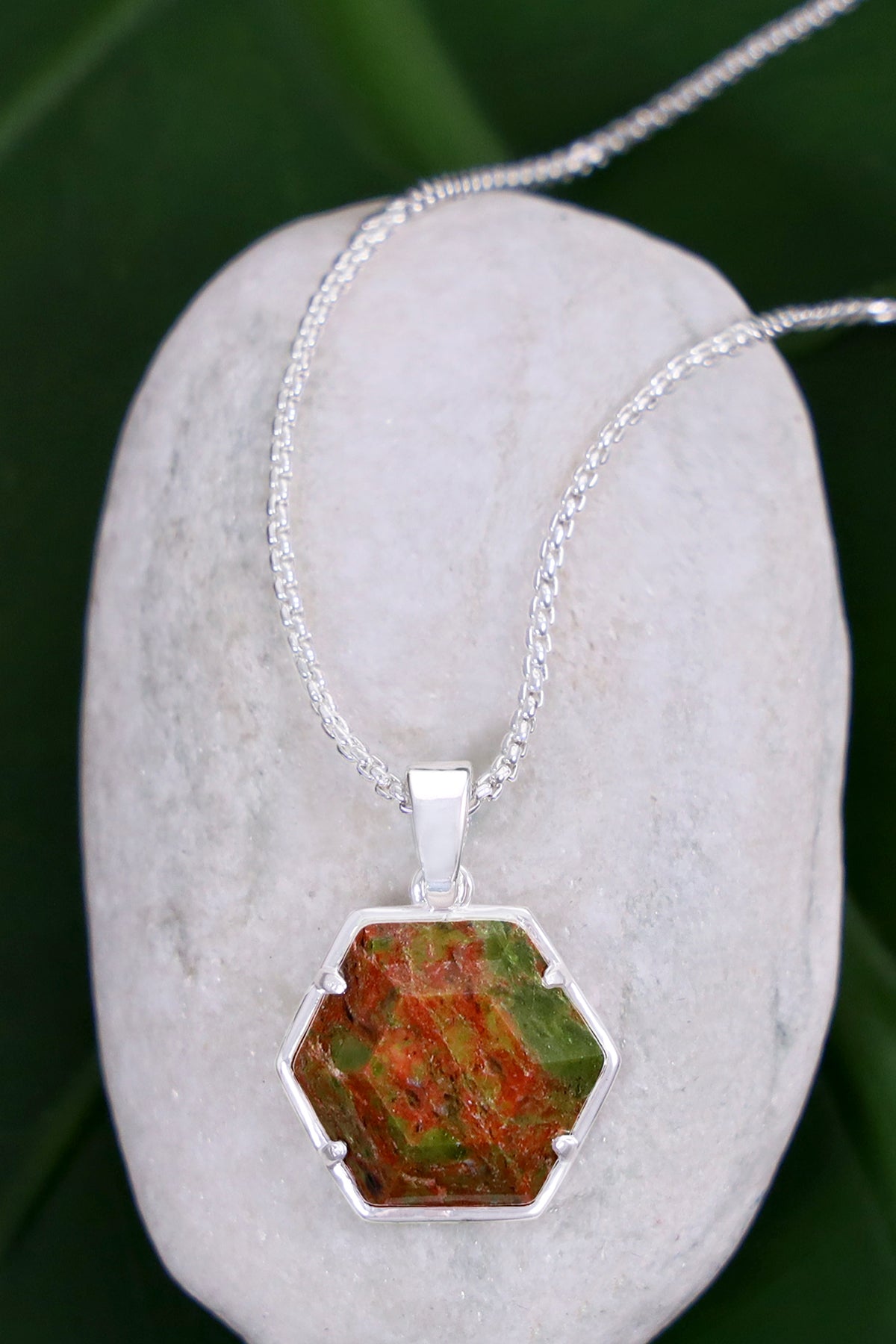 Sterling Silver & Unakite Hexagon Pendant Necklace - SS