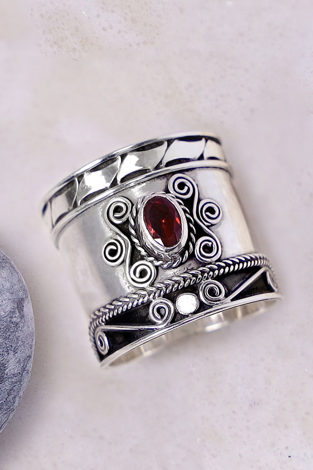 Sterling Silver & Genuine Garnet Bali Ring - SS