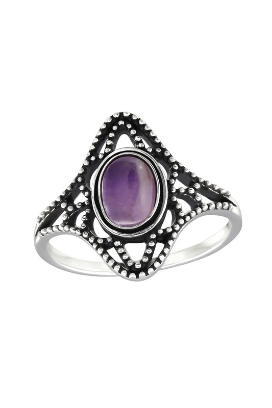 Sterling Silver Filigree Ring With Amethyst- SS