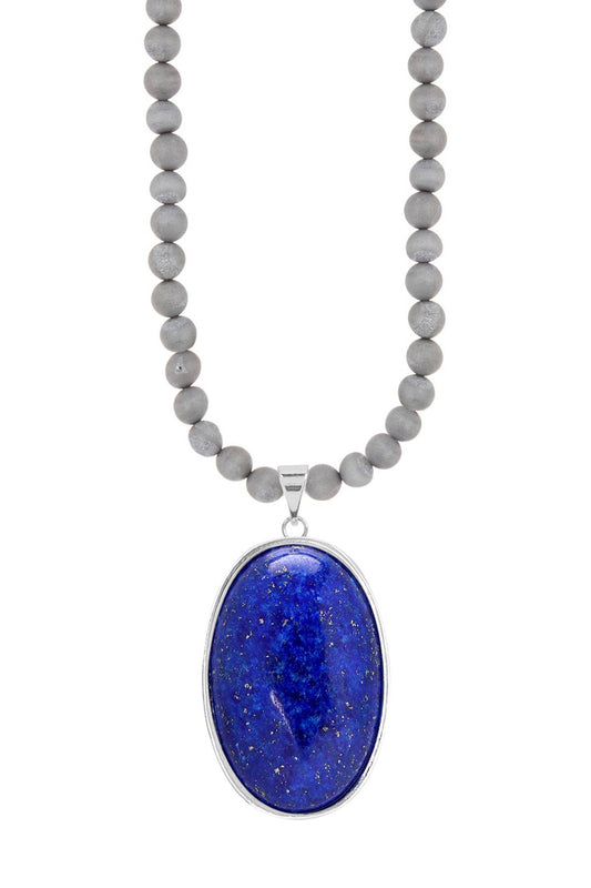 Gray Druzy Quartz Beads Necklace With Lapis Pendant - SS