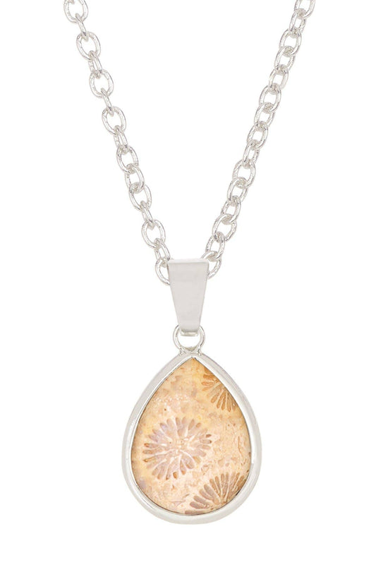Sterling Silver & Lily Fossil Teardrop Pendant Necklace - SS
