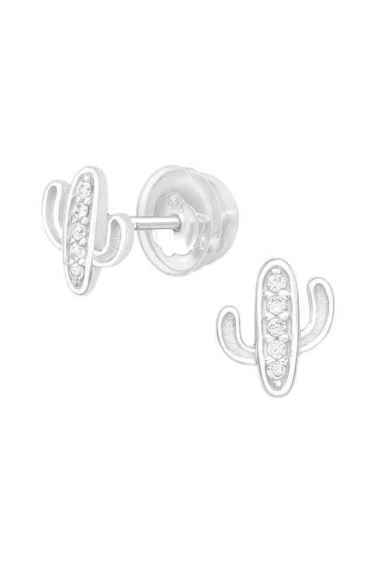 Children's Sterling Silver Cactus Ear Studs & CZ - SS