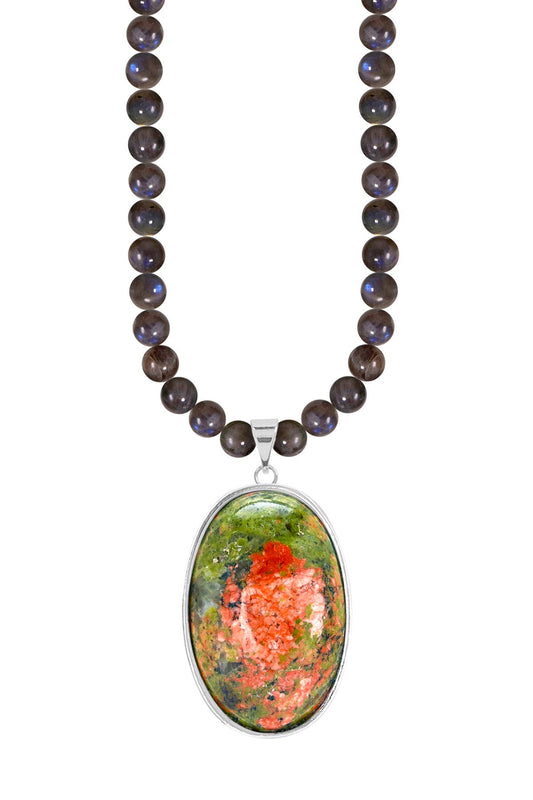 Labradorite Beads Necklace With Unakite Pendant - SS