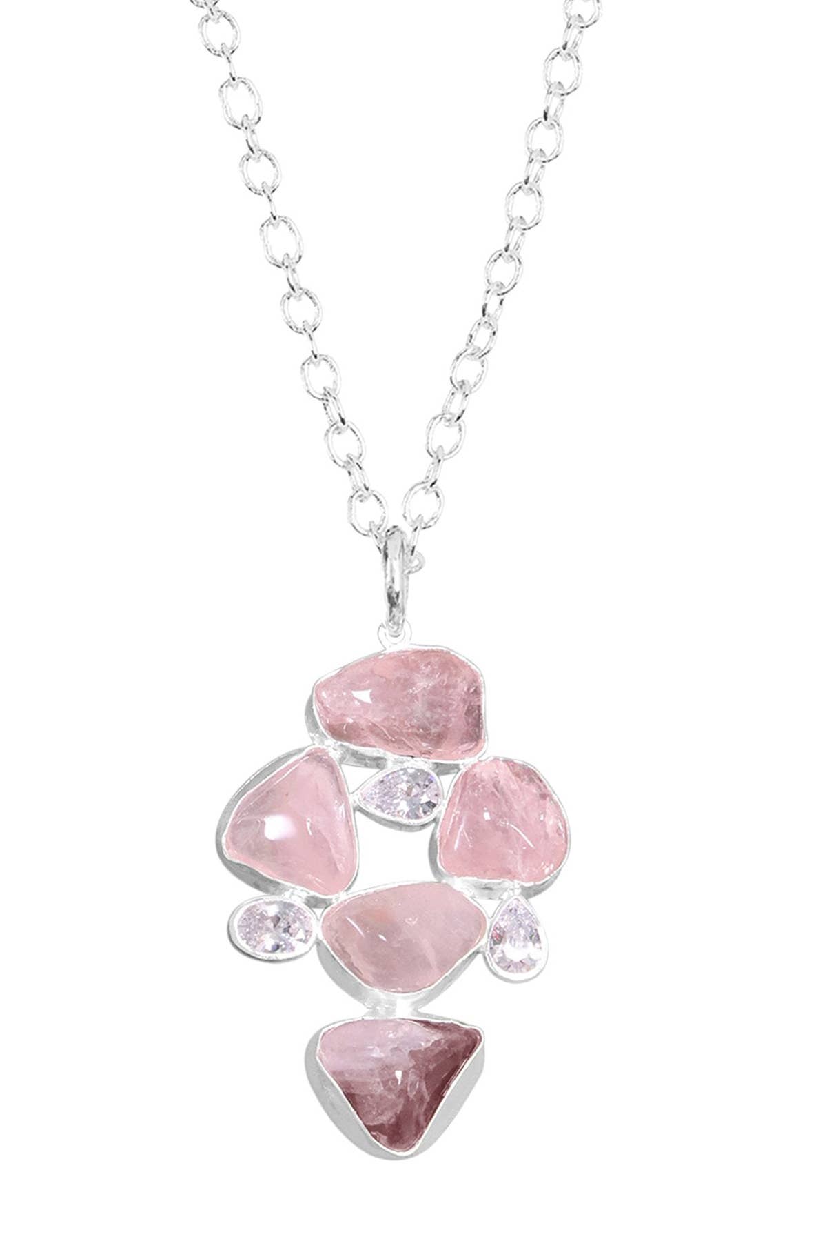 Sterling Silver Rose Quartz & CZ Pendant Necklace - SS