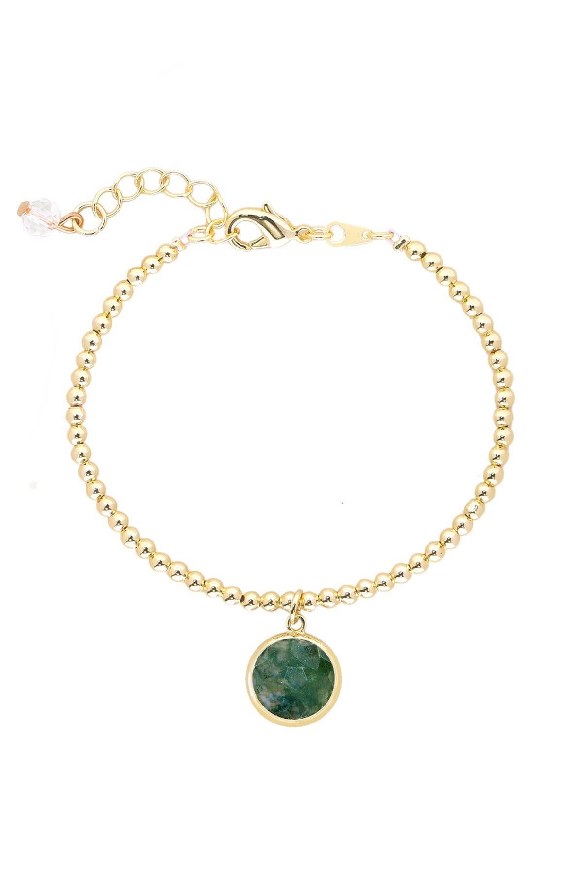 Moss Agate & 14k Gold Plated Beaded Charm Bracelet - GF