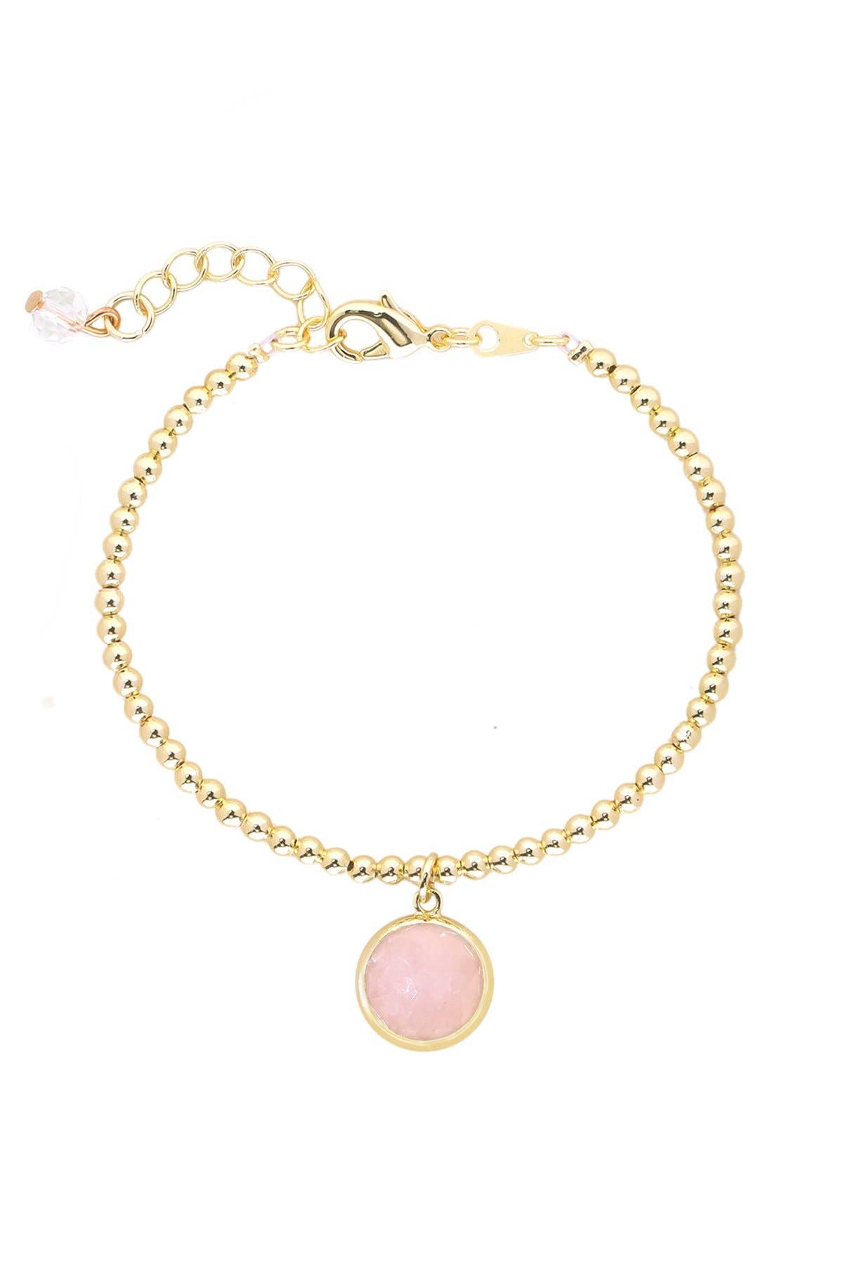 Rose Quartz & 14k Gold Plated Beaded Charm Bracelet - GF