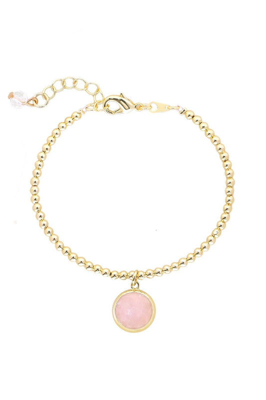 Rose Quartz & 14k Gold Plated Beaded Charm Bracelet - GF