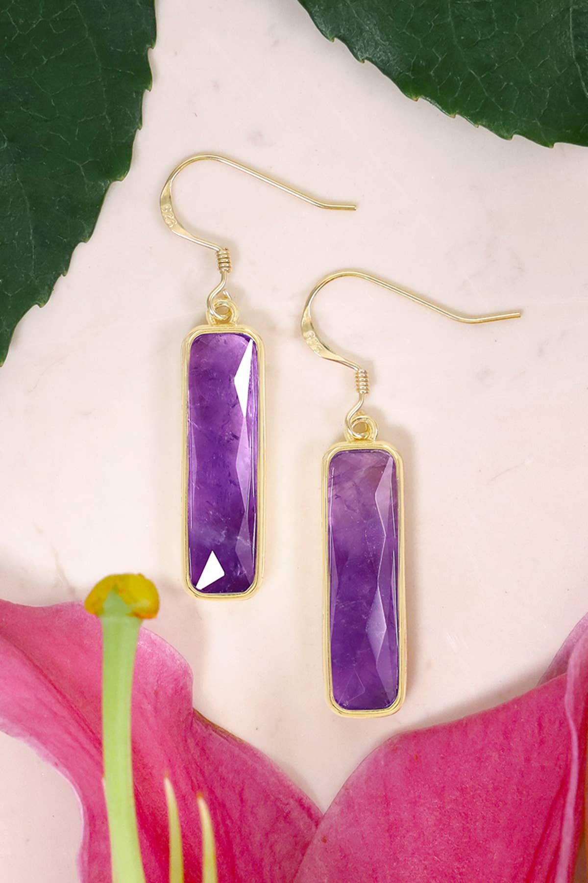 Amethyst Rectangle Drop Earrings - GF