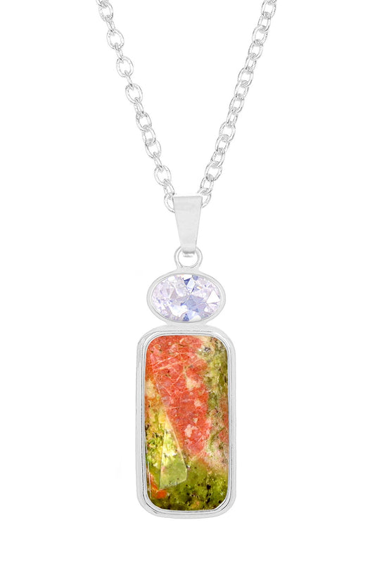 Sterling Silver & Unakite With CZ Pendant Necklace - SS