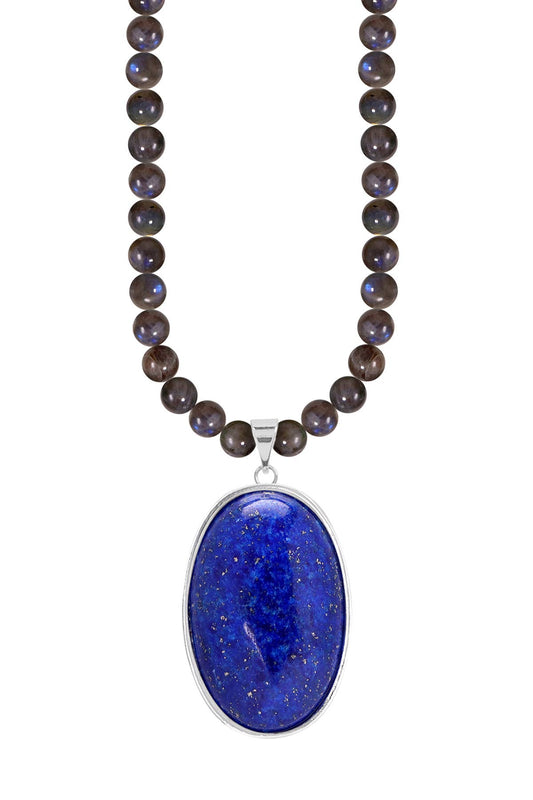 Labradorite Beads Necklace With Lapis Pendant - SS