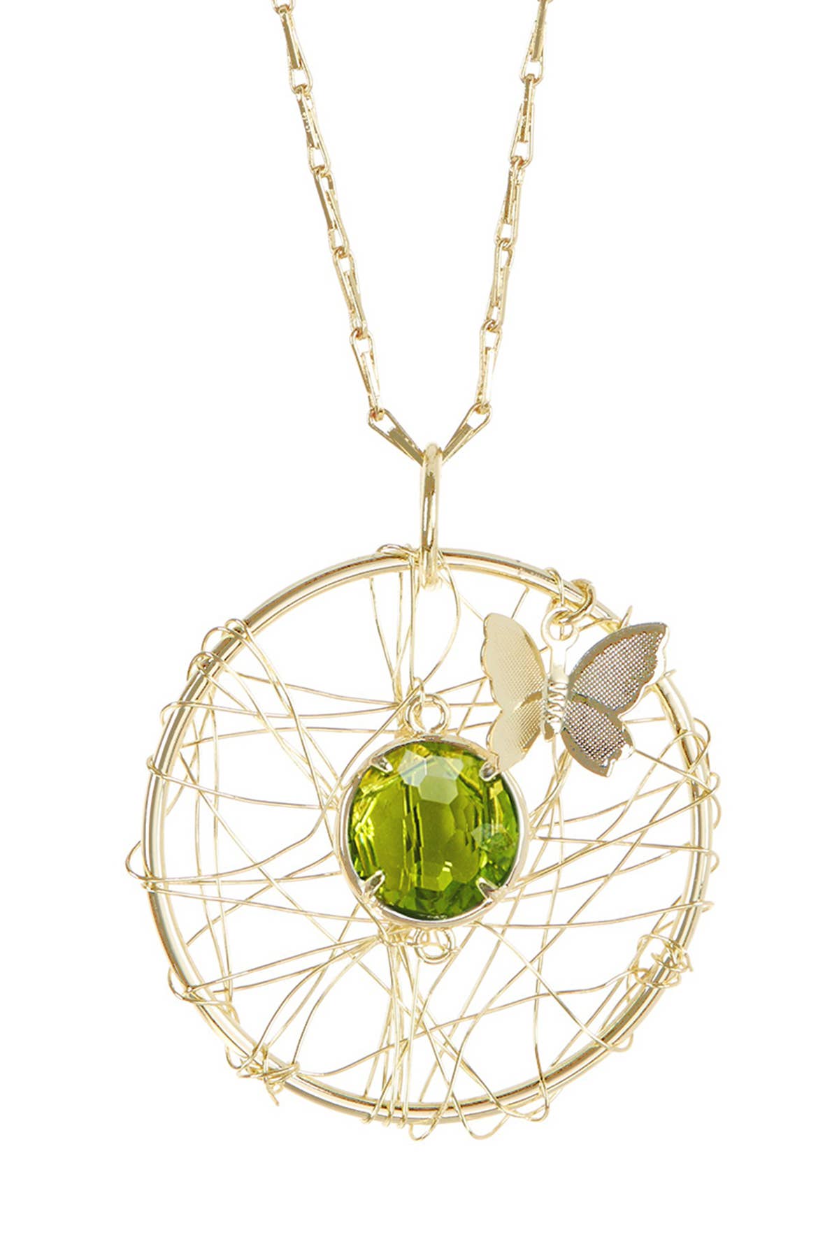 14k Gold Plated & Peridot Crystal Dreamcatcher Necklace - GF