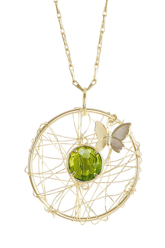 14k Gold Plated & Peridot Crystal Dreamcatcher Necklace - GF